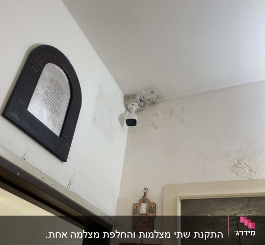 מצלמת אבטחה מותקנת בפינת תקרה לבנה